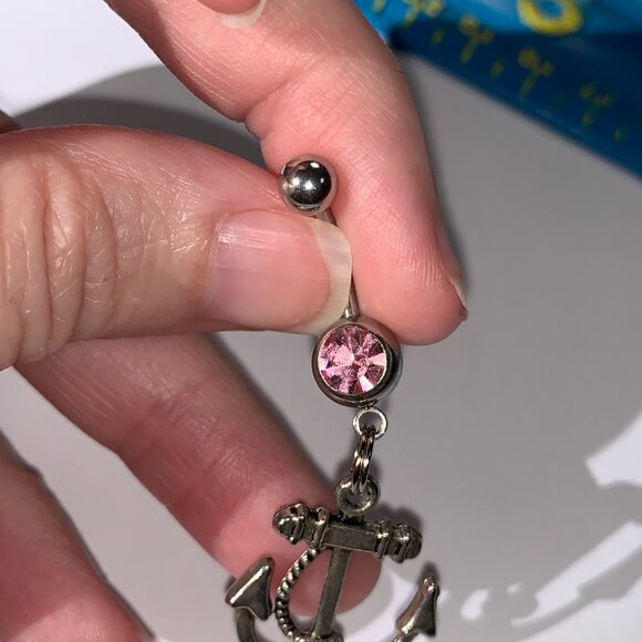 Large Anchor with Rope and Pink Gem Dangle Belly Ring - Picture 9 of 16